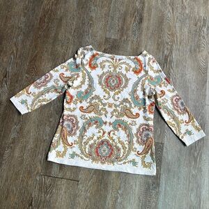Charter Club 3/4 Sleeve Button Floral Printed Knot Blouse Medium M